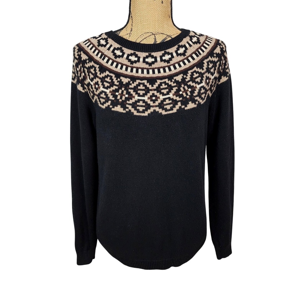 TALBOTS Size Small Black Gold Metallic Fair Isle Cotton Blend Holiday Sweater